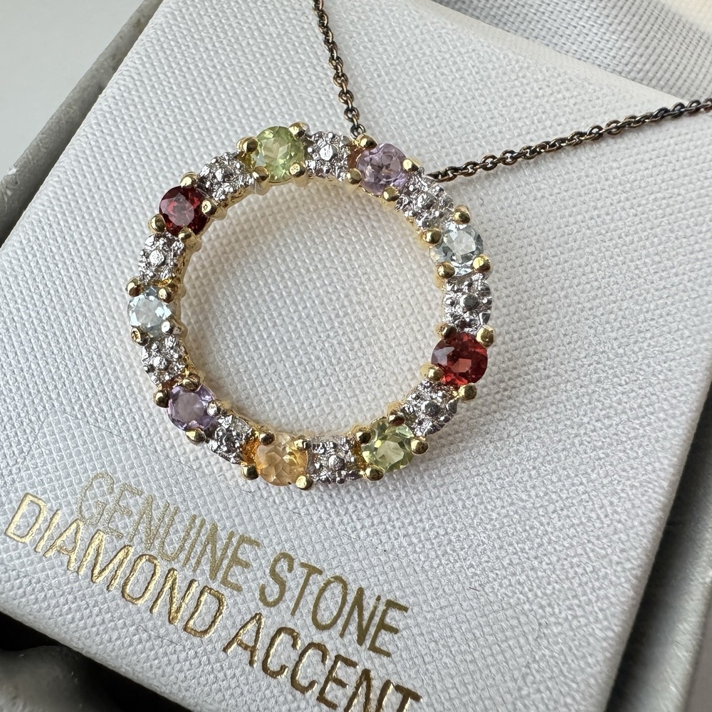 Vtg Rainbow Stone Necklace 18kt Gold Overlay Sterling Genuine Diamond Accent Mom